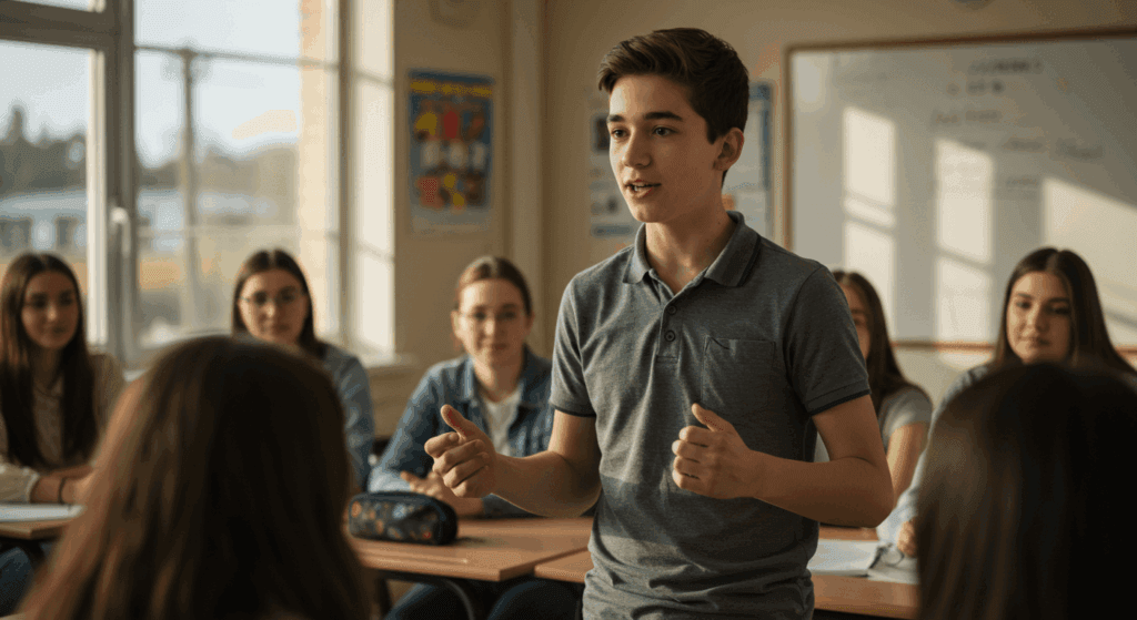 image of a teenage boy confidently speaking in a school setting, with attentive classmates listening. He maintains good posture and eye contact, with natural daylight streaming in through classroom windows. s.