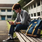 A teenage student sitting alone on a park bench during school hours, looking down at their phone with a distracted or troubled expression. A school backpack is beside them, unzipped with books partially visible, suggesting they left class early. The background features an empty schoolyard in the distance, with soft natural lighting and a slightly overcast sky, adding to the contemplative mood. The scene conveys feelings of isolation, reflection, and concern. Created using: high-definition quality, natural lighting, realistic skin textures, minimalistic composition, muted color tones, subtle depth of field, and a clean, photorealistic style. --ar 16:9