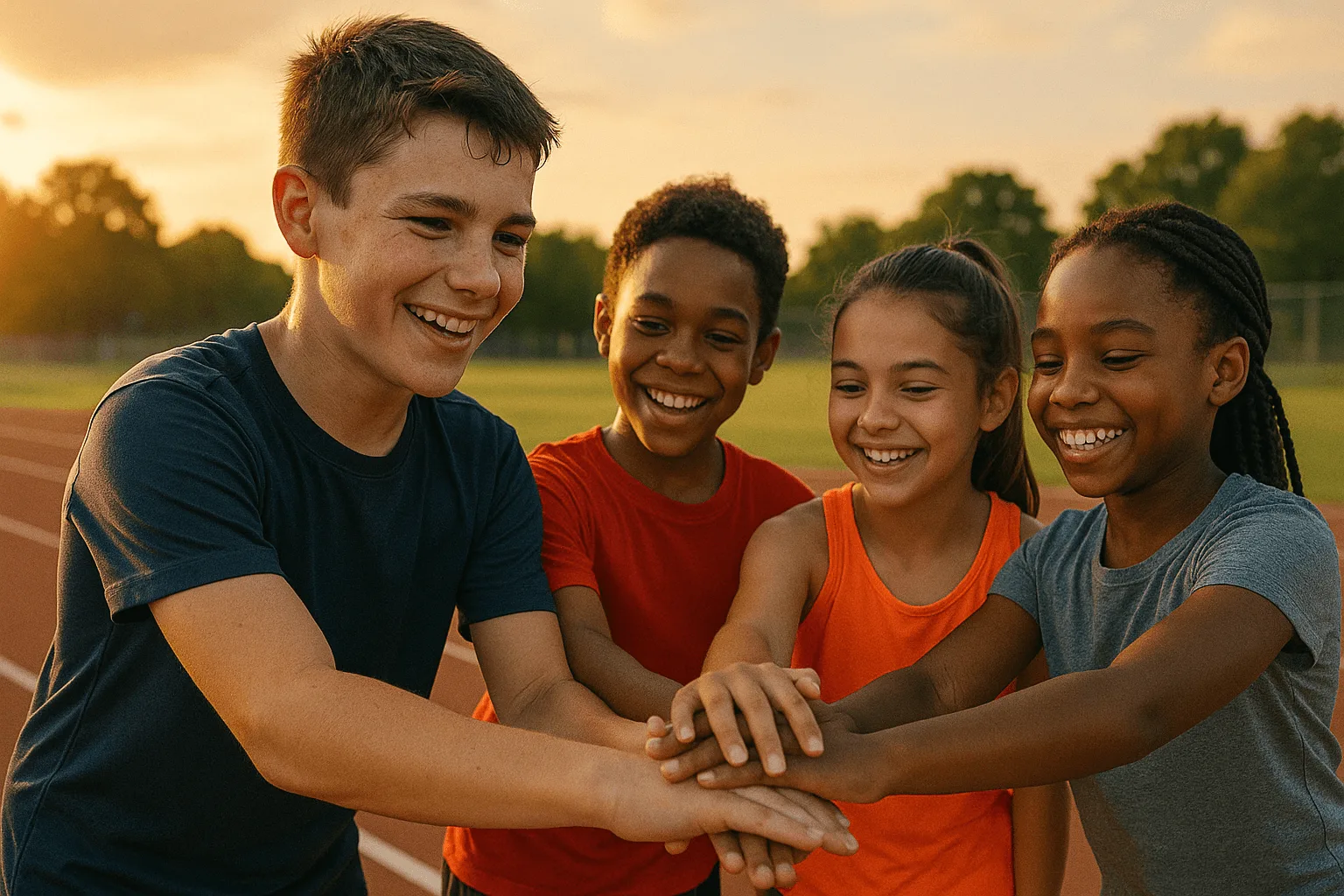 A group of young athletes in matching sports uniforms, huddled together with hands stacked, showing unity and determination under a glowing evening sky.